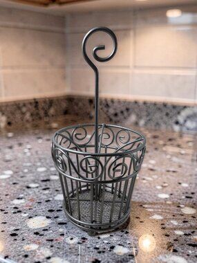 Metal Scroll Pattern Utensil Carrier With Carry Handle.